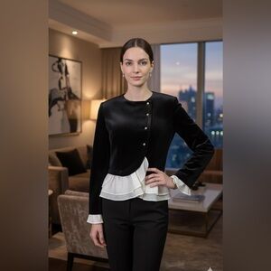 Black Velvet Princess Cut Jacket Elegant Ruffle Hem Sophisticated Style